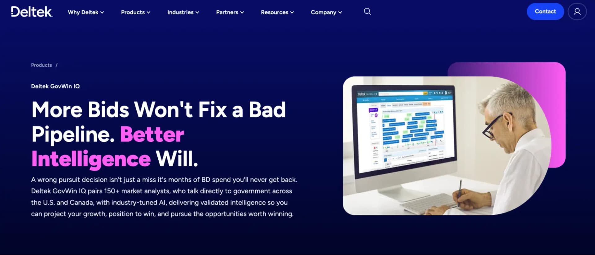 The Deltek GovWin IQ product page, which pairs market analysts with industry-tuned AI