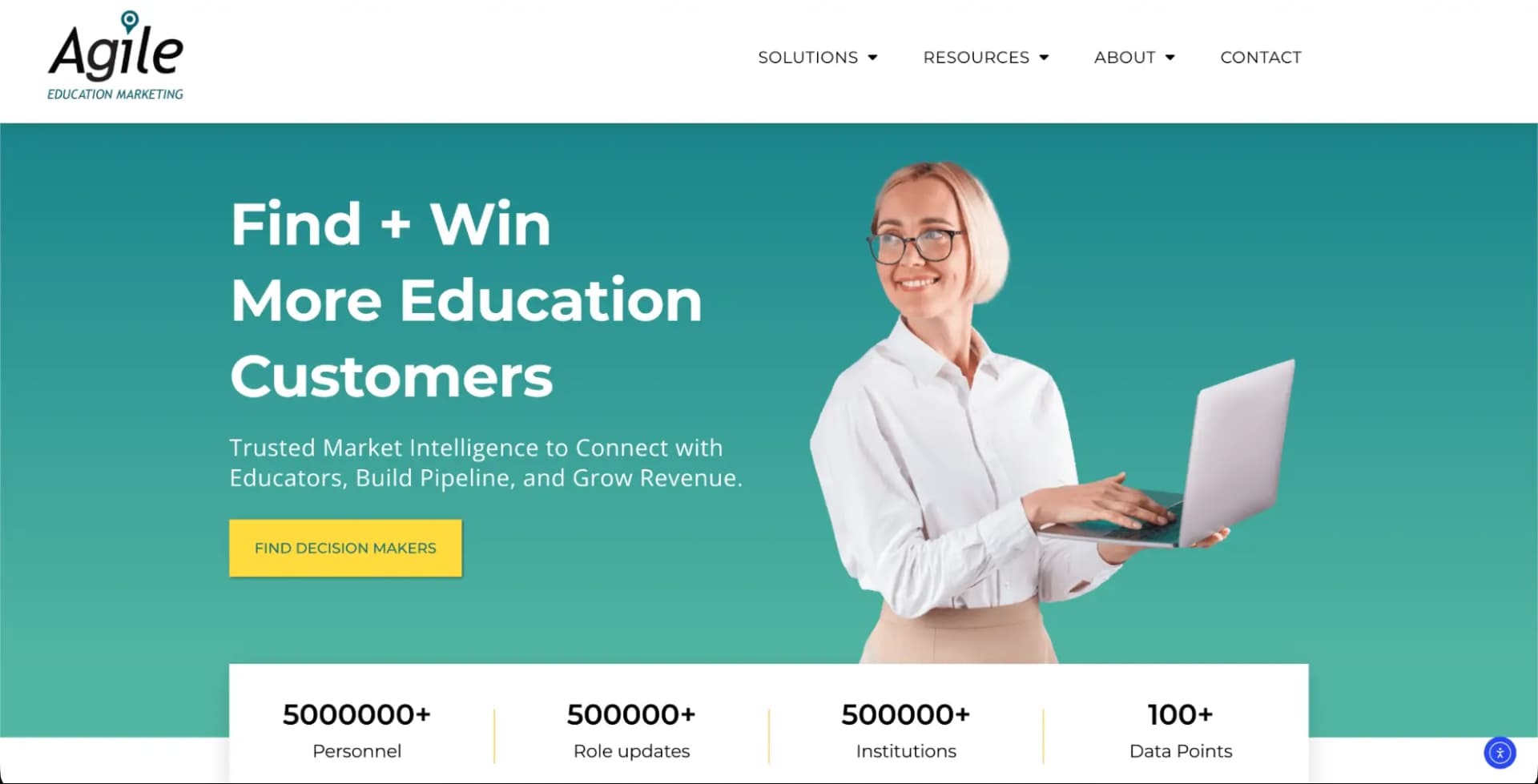 The Agile Education Marketing home page, offering market intelligence to connect with educators