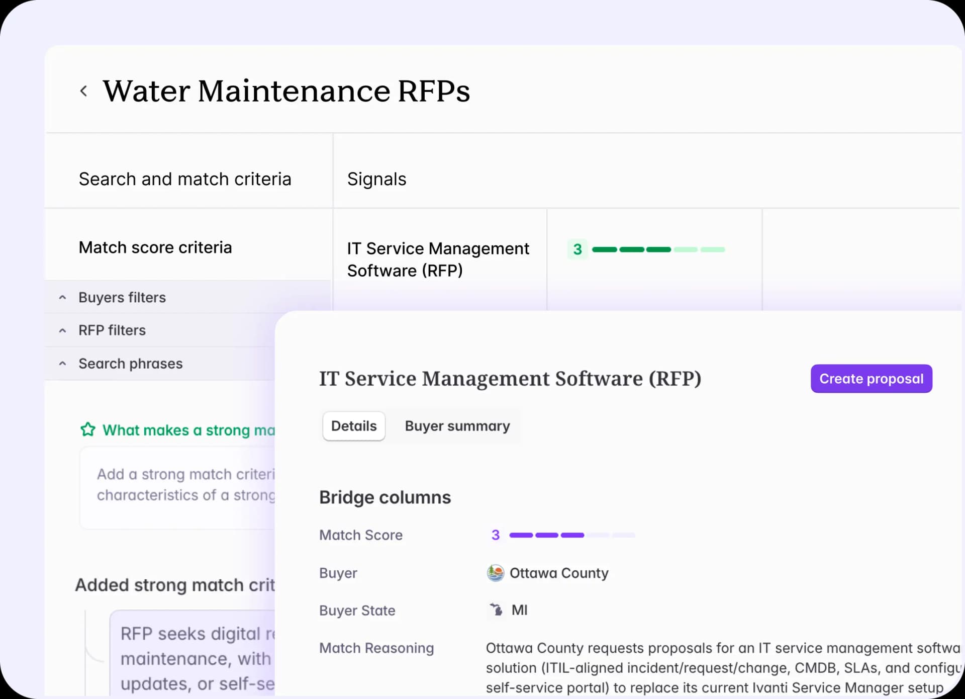 An RFP list with match-score criteria beside an open RFP detail showing its match score, buyer, state, and match reasoning