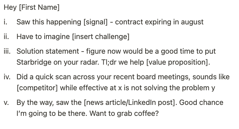 Numbered five-step cold outbound email template with bracketed fill-in placeholders: a signal-based opener noting a contract expiring in August, an imagined challenge, a Starbridge solution statement, a competitor scan drawn from the prospect's board meetings, and a conference coffee-meet close.