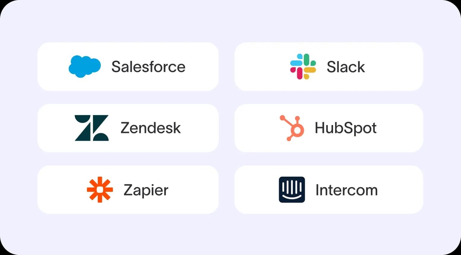 Starbridge integration tiles for Salesforce, Slack, Zendesk, HubSpot, Zapier and Intercom